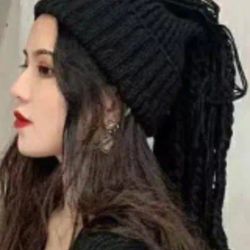 New Black Beanie/Neck Warmer With Braids & Tassels.