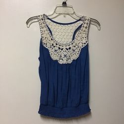 Women’s EDGE Design by Mine (Anthropologie) Rayon/nylon blue with lace trim sleeveless top… Size small