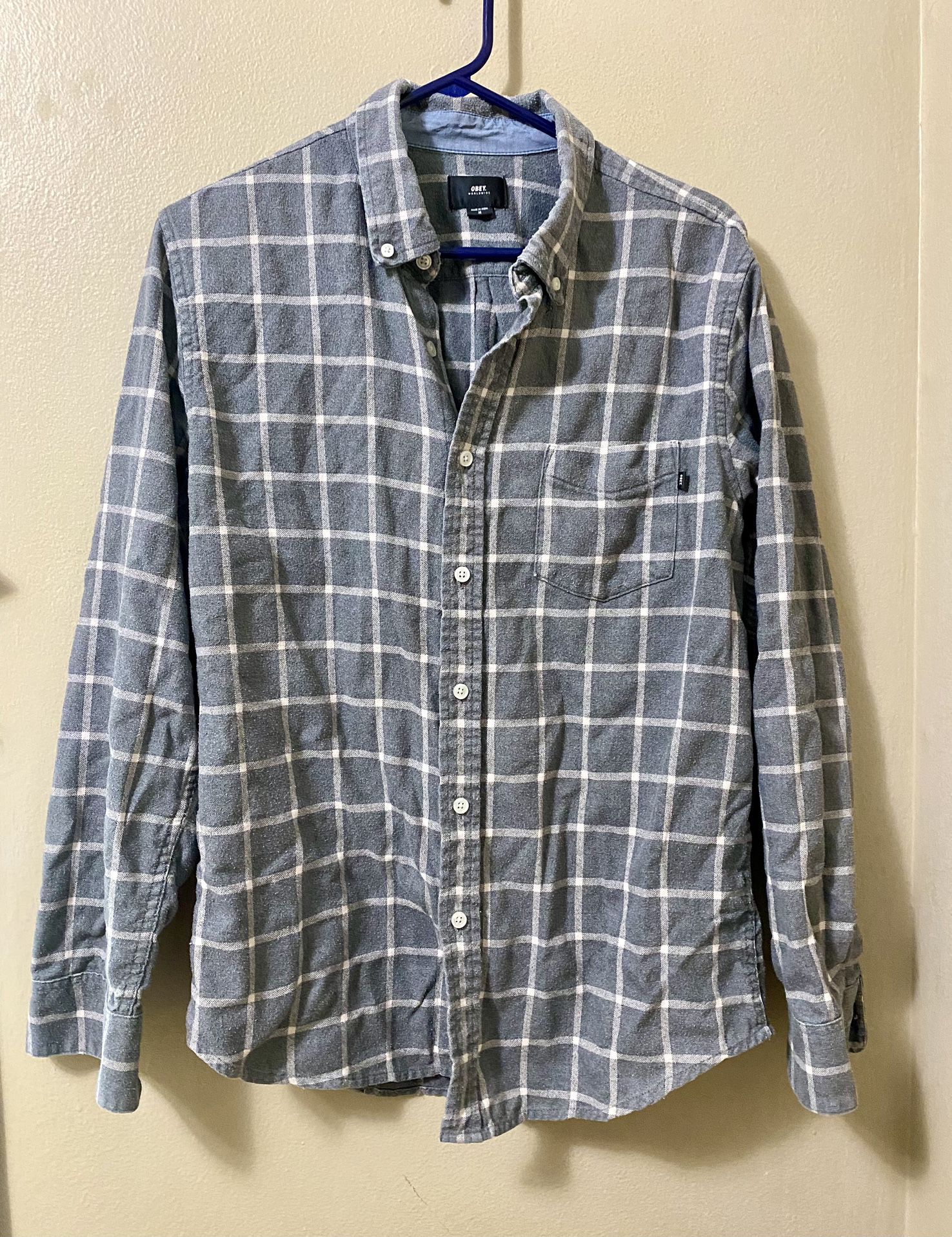 OBEY Mens M Cotton-Poly Flannel Plaid Long Sleeve Button Up Shirt GRAY