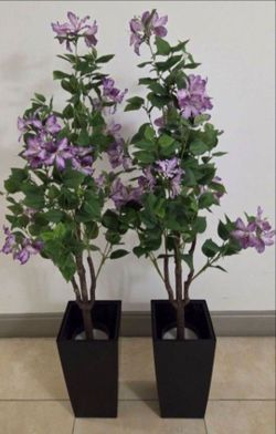 *** JUST REDUCED *** PAIR of 50" Faux Purple Hibiscuses in 16" Black Planters (2 for $80) @ Lasting Creations