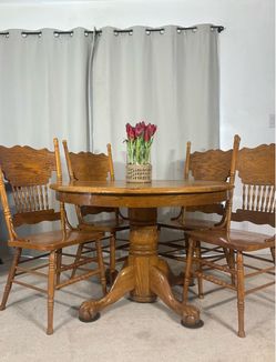 Oak Kitchen Dining Table with 4 Pressed Back Chairs