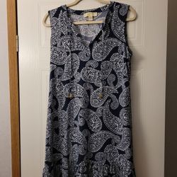 Michael Kors Blue White Jersey Floral Stretch Dress L Flutter Hem