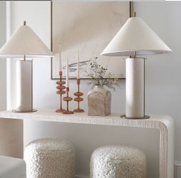 Pair of Crate & Barrel Remi Natural Linen Table Lamps (31.7")