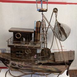 Vintage Musical Copper Brass Catamaran Shrimp Fishing Boat. Wind The Propeller And The Music Box Plays. Berkeley Designs 12" H x 11 1/2" L