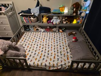 Full size bed frame with shelves and mattress