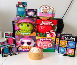 NeeDoh Jellysquish, Gumdrops, Cloud Pleaser, Swirls, Crazy Fun Halloween Witch, Ghost Squishies, Strawberry, Peach Squishy, Hello Kitty Metallic Editi