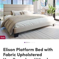 Brand New Elison Platform Bed With Fabric Upholstery Headboard And Wooden Slats