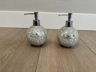 TWO Crushed Mirror Glass Mosaic Round Soap Dispenser Set- Silver Chrome