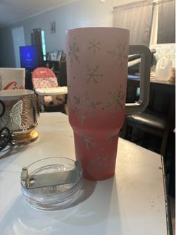 Pink Snowflake Drinkware Tumbler with Handle and Lid
