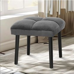 0597: Gray Vanity Stool, Square Makeup Stool with Wooden Legs, Ottoman Chair for Vanity, Modern Padded Sofa Seat Foot Rest (Gray)