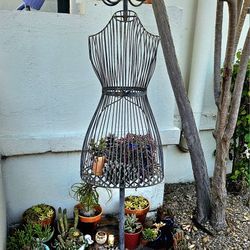 **UNIQUE VINTAGE DECOR**  for Garden Porch Entry ~ Black Metal  Wire Dress Bodice Form ~ Standing Hat Rack  **PRETTY filled with  PLANTS**