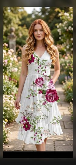 White Floral Midi Dress with Tiered Skirt