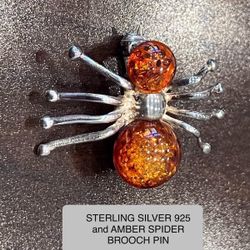 Spider brooch, Sterling Silver 925 and Amber Brooch Pin