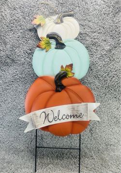 Pumpkin Metal Leaf Home Decor Fall Autumn Harvest Set Stake Outdoor Decor New