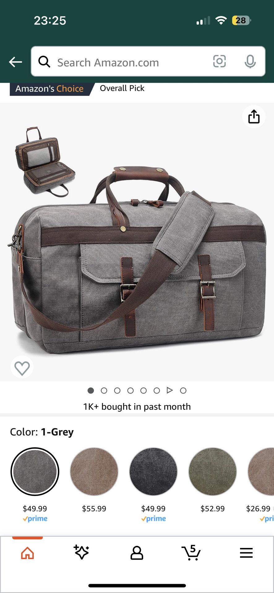 SOAEON Men's Grey Waterproof Canvas and Leather Duffle Bag
