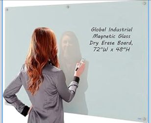 Global Industrial 72" W x 48" H Magnetic Glass Whiteboard, Frameless, White, Includes Eraser & Eraser Cloth & 4 Dry-Erase Markers, 4 mm Tempered Glass