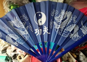 Royal Blue Ying and Yang Dragon Design Hand Fan