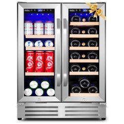 24 in.Dual Zone 18-Wine Bottles and 88-Can Built-In and Freestanding with French Door Beverage Cooler in Stainless Steel