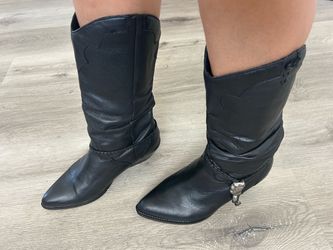 Black Leather Western Cowboy Mid-Calf Boots