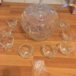 Beautiful Crystal punch bowl, cups, hooks