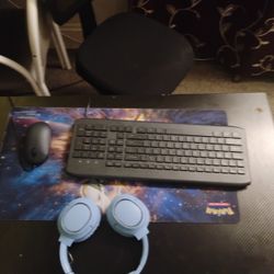 Keyboard Headphones And A Mouse Plus A Mouse Pad 
