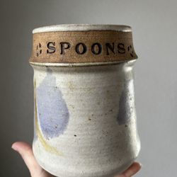 Vintage 70s Studio Pottery Cooking Spoon Holder - 1970s Hand Thrown Earth