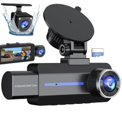 Triple Car Camera with 32GB Card, 3 Channel Dash Camera for Cars, G-Sensor, 3.16” IPS Screen, 24Hr Parking, 170°Wide Angle, Loop Recording, IR Night V