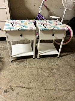 Pair of White Nightstands with Floral Top