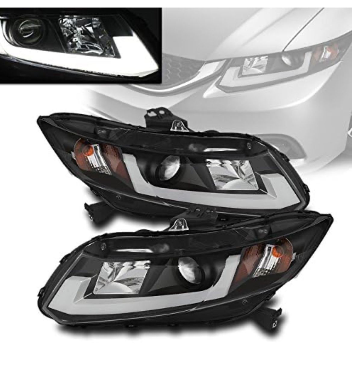 ZMAUTOPARTS Honda Civic 2/4 Dr Sedan/Coupe Projector DRL Bar Tube Headlights Black Set