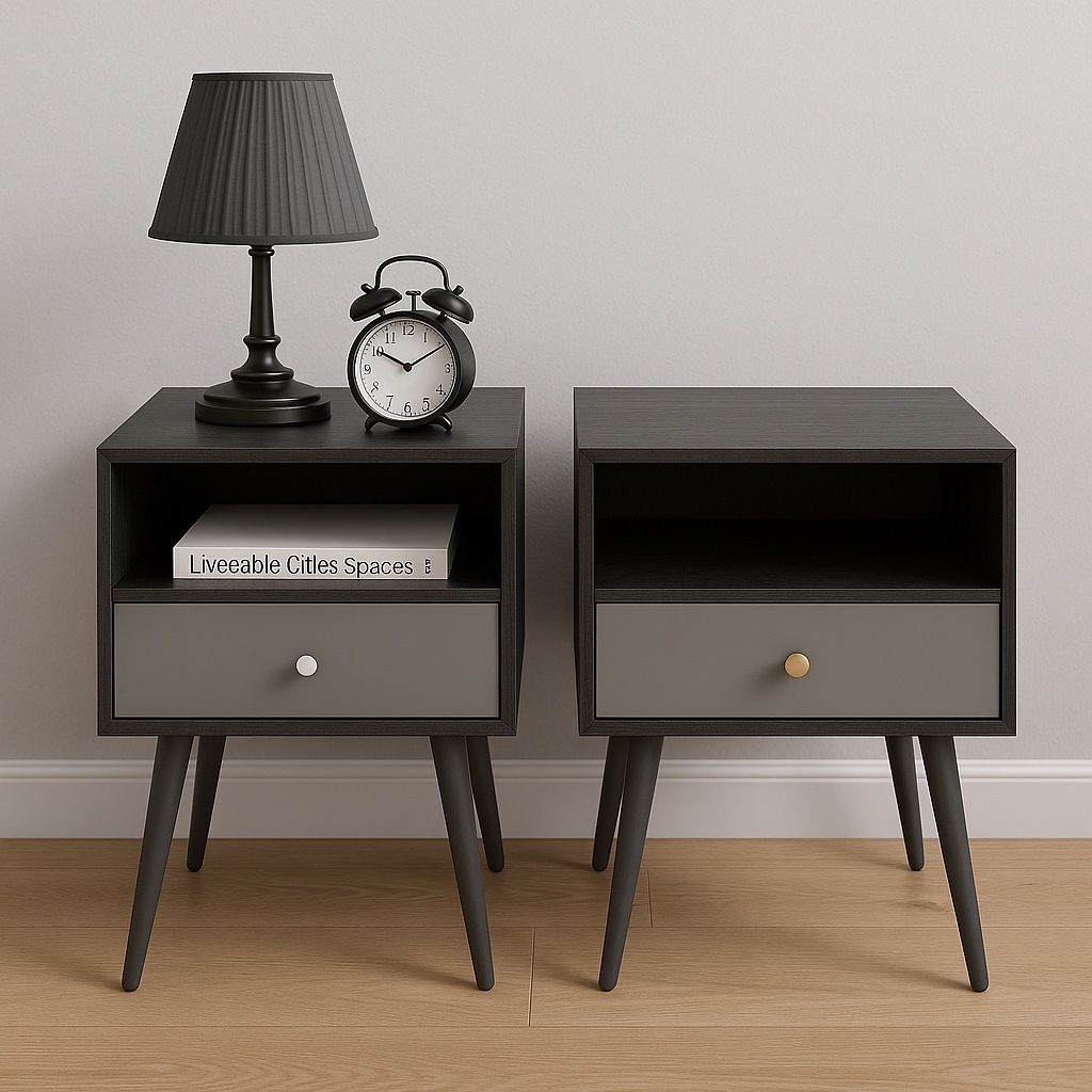 Set Of 2 Dark Gray Nightstand with 1 Drawer, Suitable for Bedroom, Living Room, Side Table [NEW] **Assembly Req** 