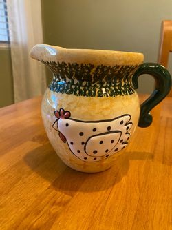 FTD ceramic chicken pitcher . Fun accent for faux plant / wood spoons etc. Farmhouse/ cottage .