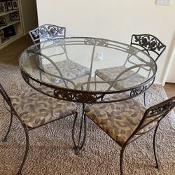 Wrought Iron Glass Top Table And Chairs - Vintage 