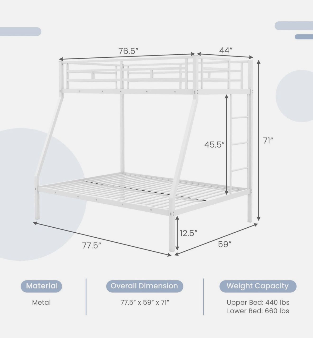 Twin Over Full Metal Bunk Bed with Integrated Ladder Full-length Guardrail White