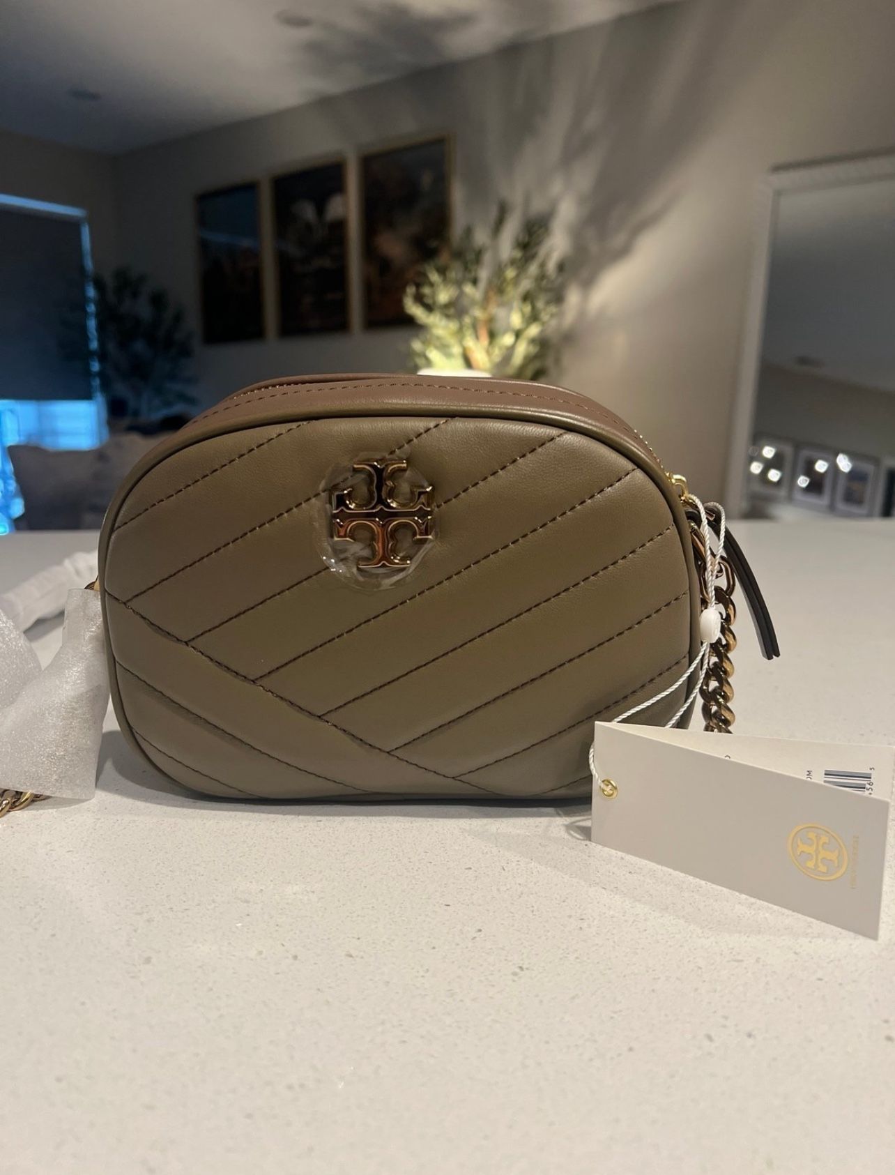 NWT Tory Burch Kira Chevron Small Camera Bag In Taupe