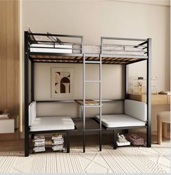 Black Metal Twin Over Table Bunk Bed with Bench