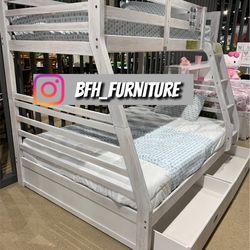 Twin/Full Brush White Bunk bed w. Drawers & Orthopedic Mattresses Included