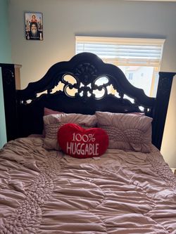 Wooded queen bed frame with mattress plus dresser with mirror
