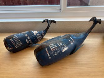 Set of 2 Handcrafted Metal Whale Sculptures – Industrial Coastal Art – 20” & 16”