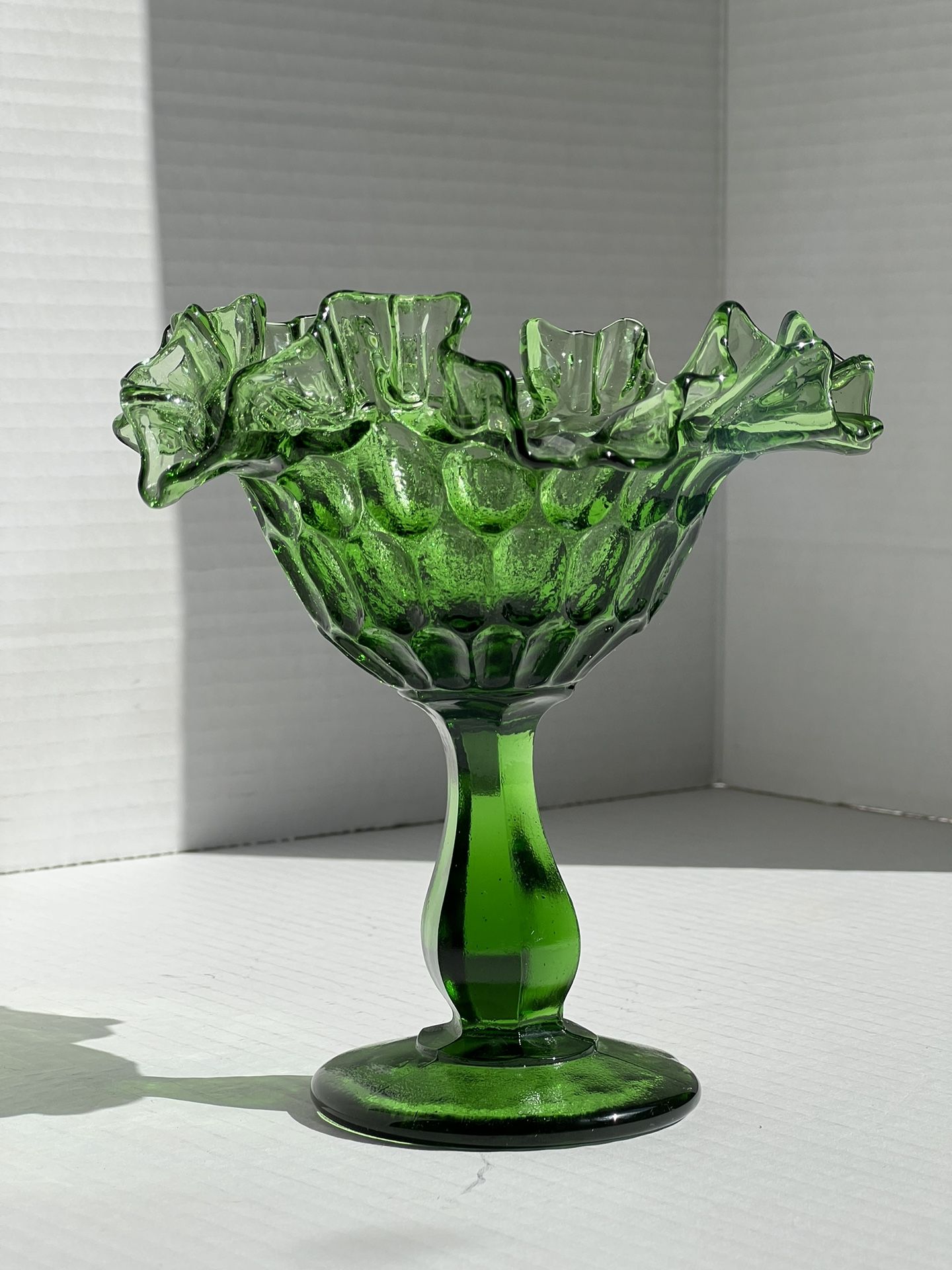 Fenton, Colony Winter Green Thumbprint Ruffled Compote Candy Dish, Double Ruffled Pedestal Candy Dish 6” 