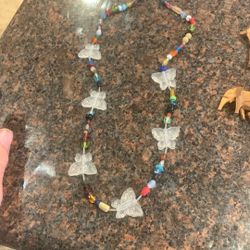 Large Clear Bead Clear Glass Butterfly Necklace Vintage 