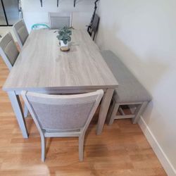 ✅️✅️ 6 pc light finish wood  dining table set padded seat chairs and bench ✅️