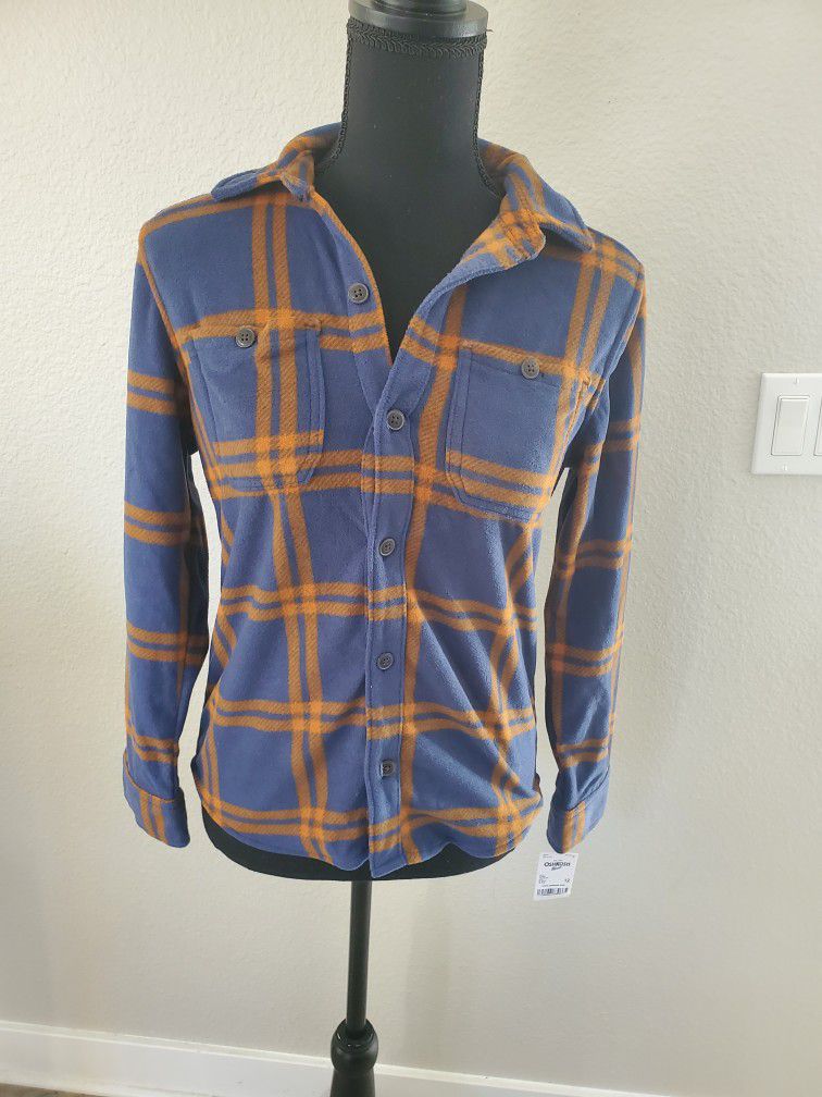 NWT Oshkosh Boy's Orange/Blue Plaid Print Button Up Shirt Size:12 100% Polyester
