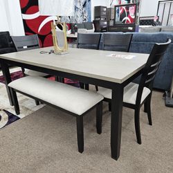 Brand New Stock Gray Color 6 PC Dining Table Set With Bench