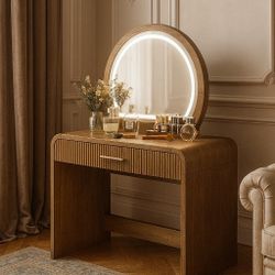 Vanity Table with Mirror Touch Screen Lighted Mirror, Dressing Table with Drawer for Bedroom, Espresso