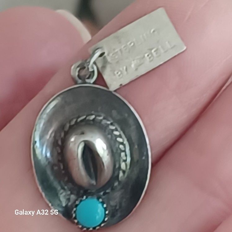 Vtg.Bell Sterling Silver" Cowboy Hat" turquoise Stone Accent Charm