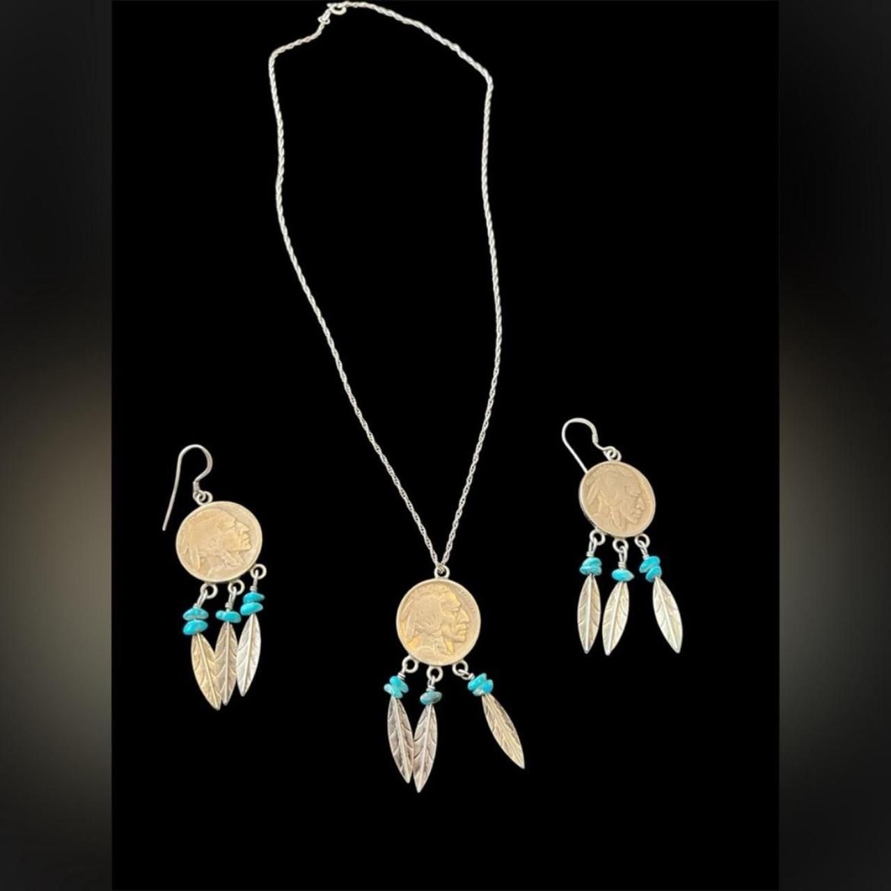 Silver Native American coin pendant necklace and earring set(L19)14