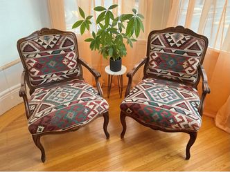 Pair Vintage Sam Moore Wool Kilim Armchairs – Leather Piping