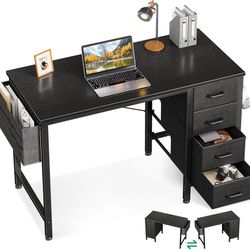 32-Inch Small Computer Desk with 4 Fabric Drawers — Home Office Desks with Storage, Writing Desk with Side Hook and Cloth Bag, Modern Study/Work Table