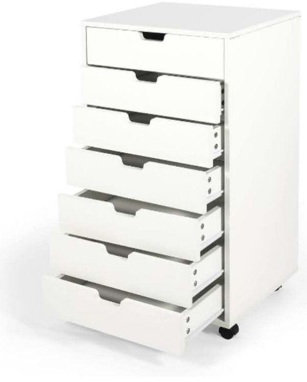 Mobile 7 Drawer Chest Wood Storage Dresser Cabinet with Wheels White Drawer Cabinet Rolling Makeup Storage Cabinet Tall Chest of Drawers for Bedro