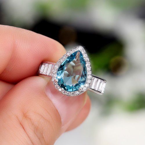 "Dainty Sea Blue Water Drop Crystal Pure CZ Silver Pear Ring for Women, K916
 
